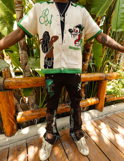 CREAM/EMERALD KNIT BUTTON UP